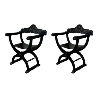 19th Century Pair of Carved Walnut Tooled Leather Savonarola Bench or Settee For Sale