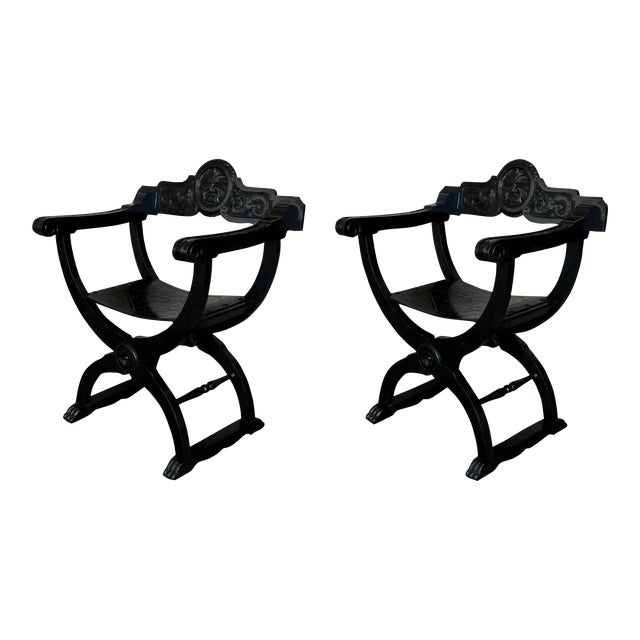 19th Century Pair of Carved Walnut Tooled Leather Savonarola Bench or Settee For Sale