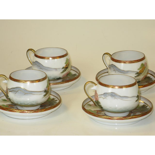 7 Pc. Set Tea Pot Sugar Bowl Cups Saucers Porcelain Antique Japanese Kutani Eggshell Porcelain Lithophane Geisha - 11 pcs For Sale - Image 11 of 18