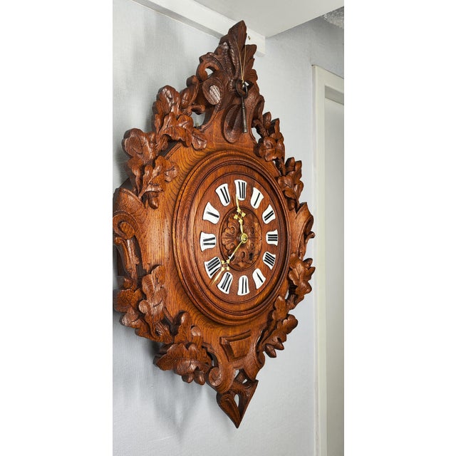 Wood 1855 Grand and Imposing Chime Carved Wooden Cartel Clock and Enameled Cartridges by Vincenti & Cie For Sale - Image 7 of 7