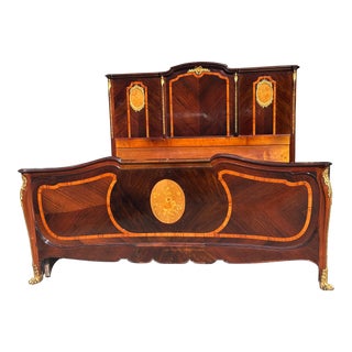 Antique French Louis XV Style Rosewood & Satinwood Inlaid King Bed Frame For Sale