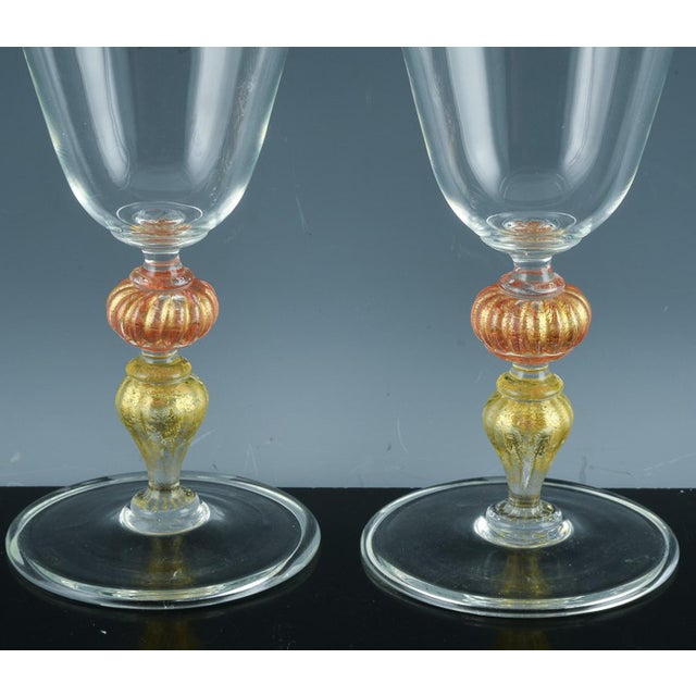 Glass Mid 20th Century Murano Glass Wine Glasses With Ribbed Gold-Leaf Stems, Set of Ten For Sale - Image 7 of 8
