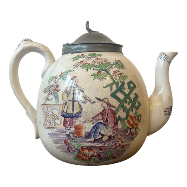 Chinese Magdala Pattern Teapot with Pewter Lid For Sale