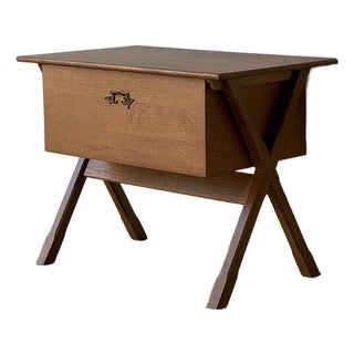 Oak Sewing Table With X-Frame Legs and Built-in Storage Vintage Mid-Century Modern 1960s For Sale