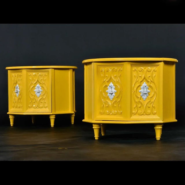 1970s Yellow and White Round Travertine Top Side Tables With Storage For Sale - Image 6 of 12