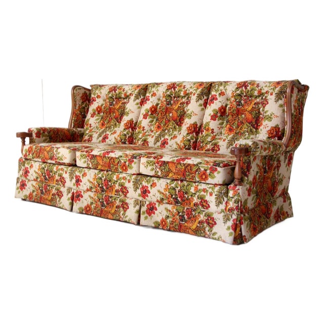 Vintage Colonial Revival Pheasant Floral Sofa For Sale