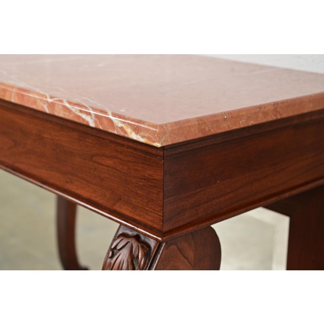 Ethan Allen French Empire Carved Cherry Wood Marble Top Console Table With Mirrored Back For Sale In South Bend - Image 6 of 14