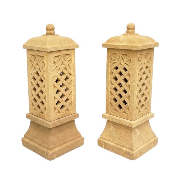 Traditional Pair of Monumental Cast Stone Pagoda Garden Lanterns For Sale - Image 3 of 12