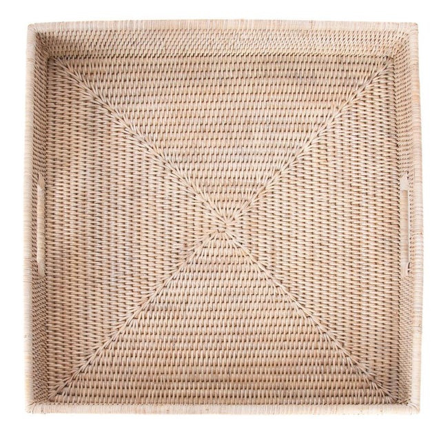 2020s Artifacts Rattan Square Serving Tray with Cutout Handles in White Wash - 16" For Sale - Image 5 of 8