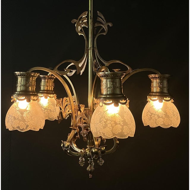 Metal Antique Art Nouveau Chandelier in Brass and Bronze, 1890s For Sale - Image 7 of 13