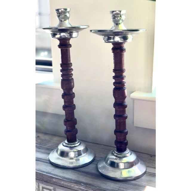 Mexican Vintage Mexican Wood & Aluminum Tall Candlestick Holders For Sale - Image 3 of 9