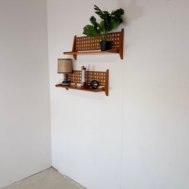 Brown Mid-Century Wall Shelves with Woven Back Panel from Úluv, 1960s, Set of 2 For Sale - Image 8 of 12