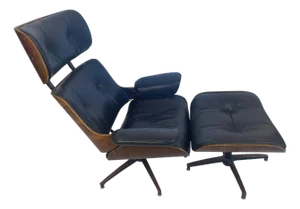 Mid 20th Century Walnut and Black Leather Lounge Chair Ottoman Attributed to PLycraft