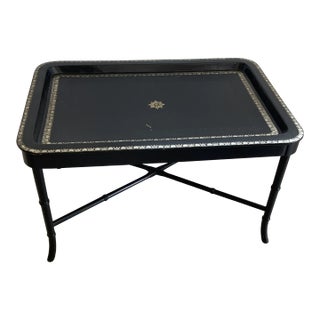 Maitland-Smith Black Leather Tray Table With Black Faux Bamboo Base For Sale