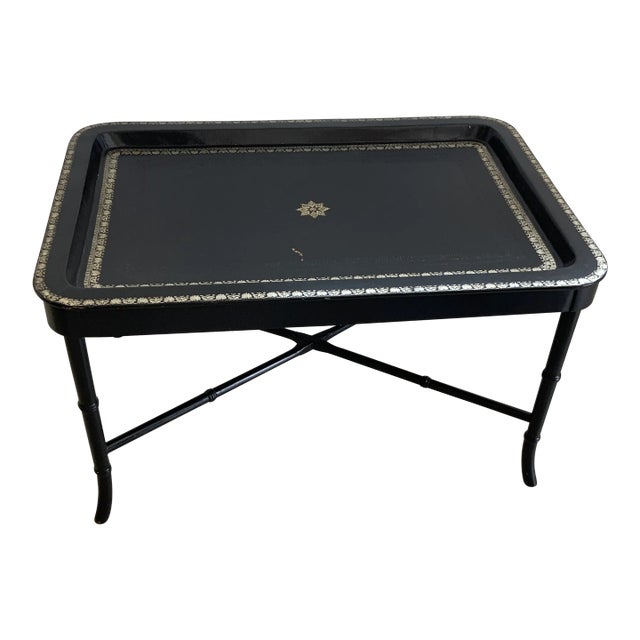 Maitland-Smith Black Leather Tray Table With Black Faux Bamboo Base For Sale