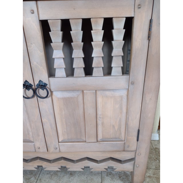 Late 20th Century Late 20th Century Ernest Thompson Southwest Pueblo Style Carved Wood Cabinet With Sun Motif For Sale - Image 5 of 15