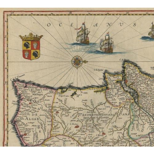 Paper Antique Iberia Map, 1642 For Sale - Image 7 of 9