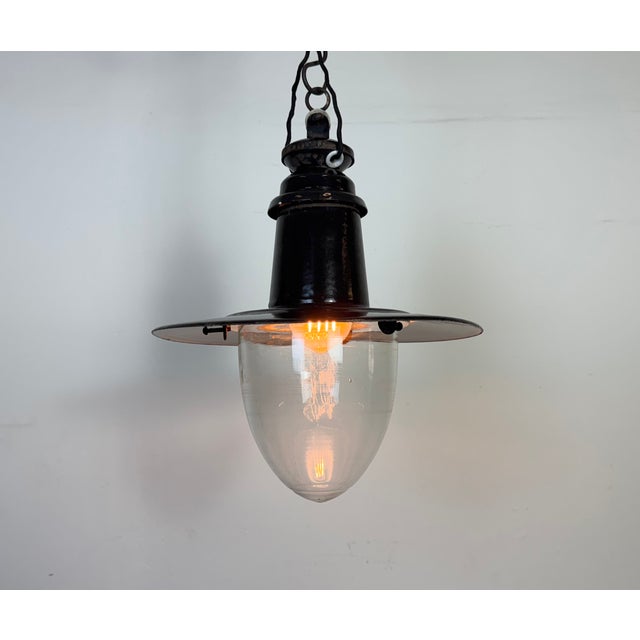 Industrial German Black Enamel Pendant Lamp with Glass Cover, 1930s For Sale - Image 11 of 14