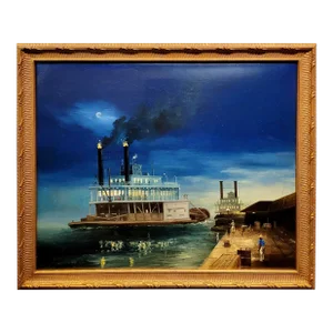 Mississippi River Paddle Steam Cruise Boat Leaving the Dock-19th Century Oil Painting