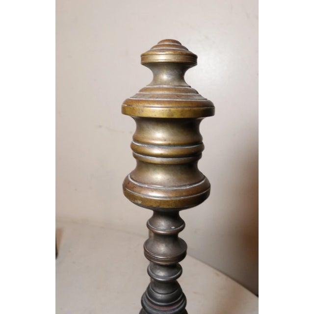 18th Century Pair 18th Century Turned Peened Brass Wrought Iron Georgian Andirons 1700's For Sale - Image 5 of 12