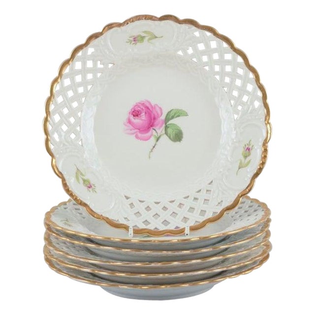 Pink Rose Reticulated Lunch Plates from Meissen, Germany, 1930s, Set of 6 For Sale