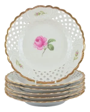 Pink Rose Reticulated Lunch Plates from Meissen, Germany, 1930s, Set of 6