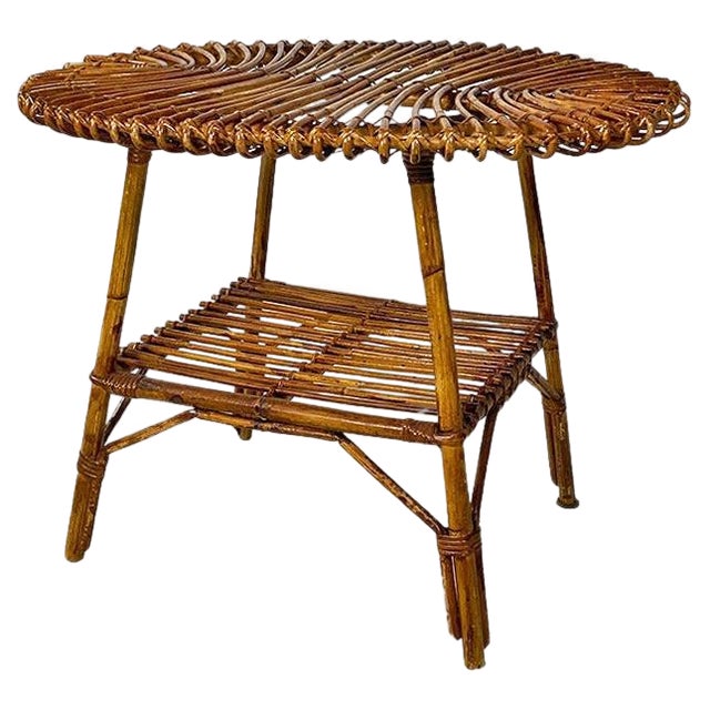 Mid-Century Italian Oval Outdoor Rattan Coffee Table, 1960s For Sale