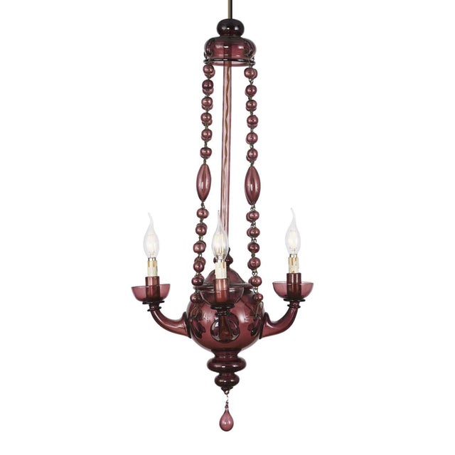 Venetian Amethyst-Colored Blown Glass Chandelier, Early 1900s, a four-light, Art Deco Murano glass pendant in the Venini...