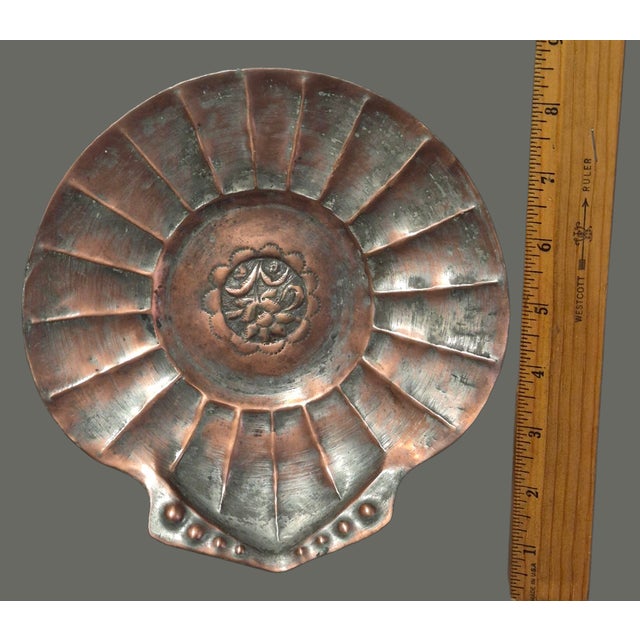 Vintage Arts & Crafts Hand Hammered Copper Sea Shell Shaped Floral Center Dish For Sale - Image 4 of 5