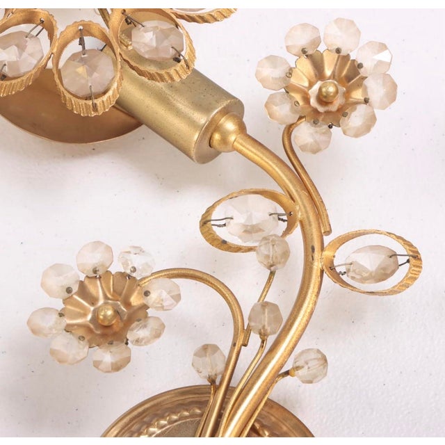 Art Deco 1970s Pair of Ernst Palme Brass Crystal Flower Sconces Wall Lights by Palwa Germany For Sale - Image 3 of 4