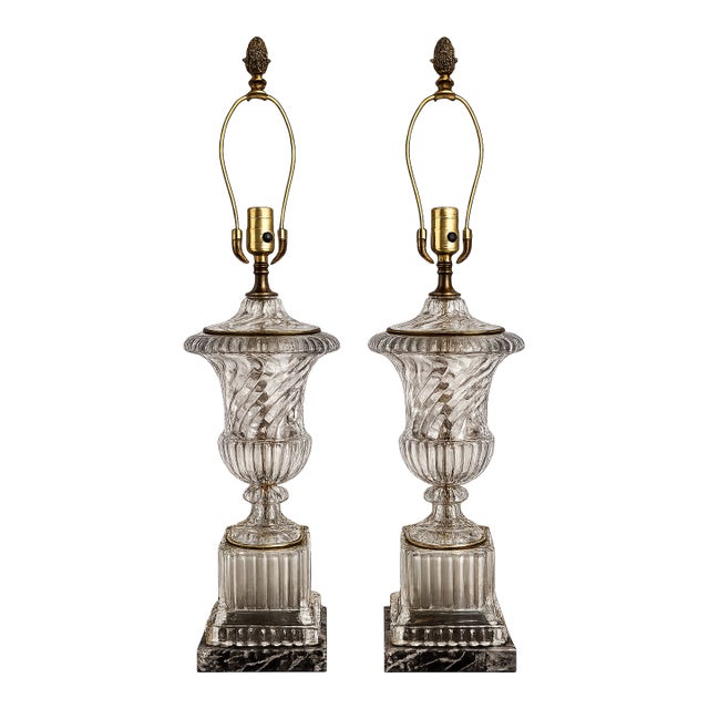 Pair of Vintage Paul Hanson Crystal Table Lamps With Marble Bases For Sale