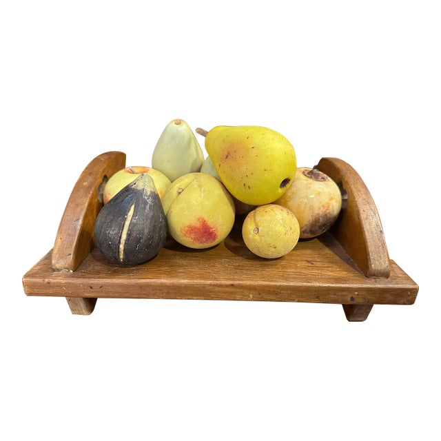 Vintage Wooden Tray With 8 Pieces Italian Alabaster Fruit For Sale
