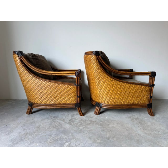 1990s SOLDModern Mandalay Coastal Organic Rattan and Leather Lounge Chairs With Ottoman – Set of 3 For Sale - Image 5 of 12