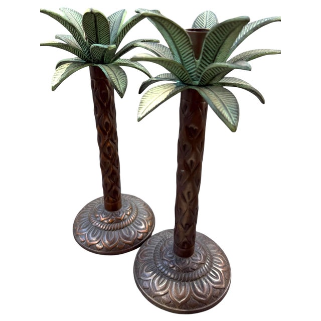 Late 20th Century Vintage Palm Tree Candle Holder Pair | Antiqued Metal & Green Patina | Hollywood Regency Style For Sale - Image 5 of 6