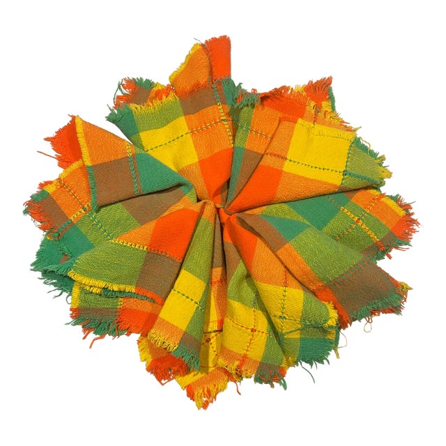Vintage Citrus Colored Madras Plaid Napkins/Placemats With Whipstitch Detailing- Set of 7 For Sale