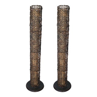 1950s Cylindrical Rattan and Fiberglass Floor Lamps - a Pair For Sale