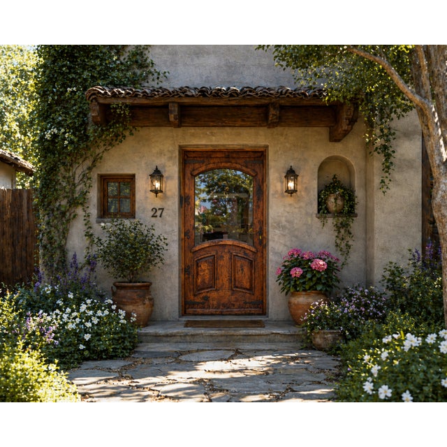Puerta Carolina (Model 1013) – Handcrafted custom solid wood door featuring a rectangular top frame enclosing an elegant...