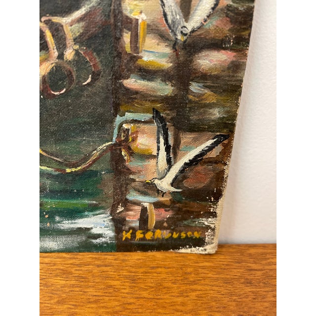 1970s Vintage Impressionist Harbor Scene Painting on Canvas Board, Signed Ferguson, Coastal Sailboat Seascape For Sale - Image 5 of 8