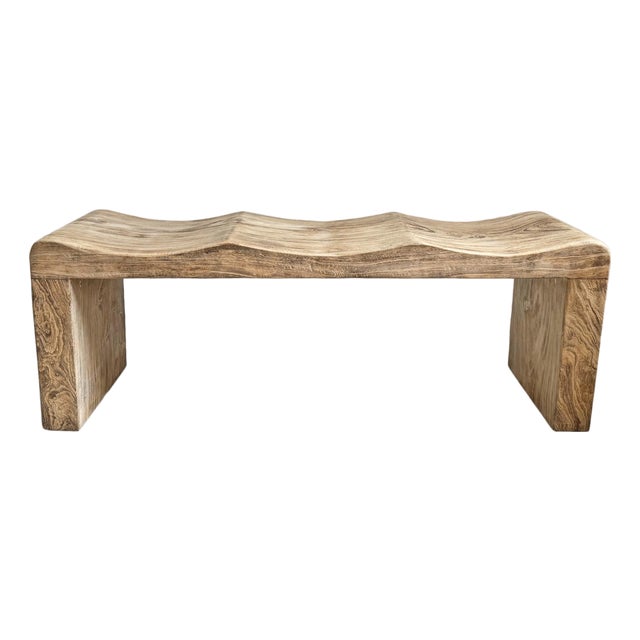 Coastal Modern Washed Teak Wave Bench For Sale