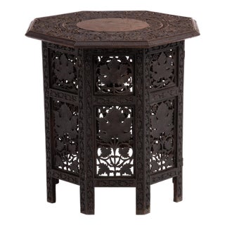 Anglo Indian Teak Octagonal Folding Side Tea Table Hand Carved Campaign Original Finish 1900 For Sale