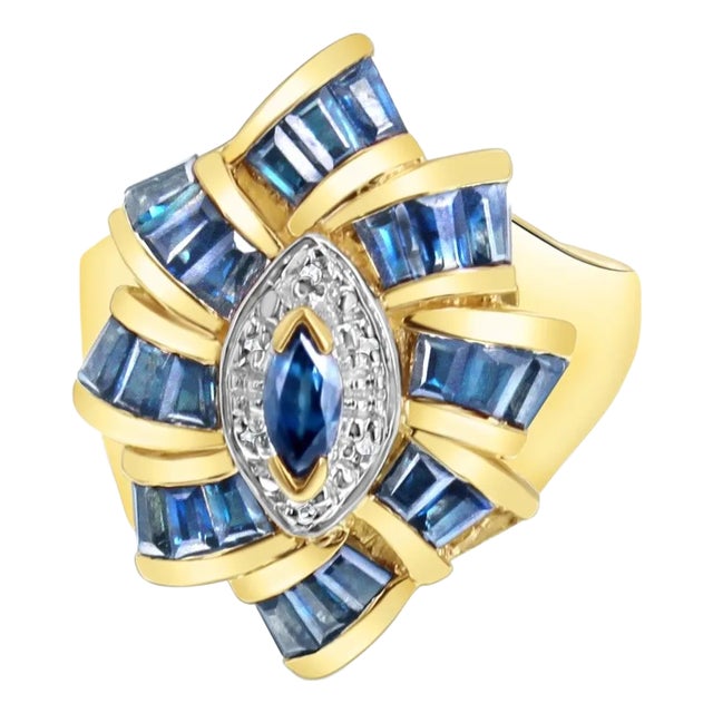 3 Carat Sapphire Diamond Cocktail Ring 10k Yellow Gold, Size 6 For Sale
