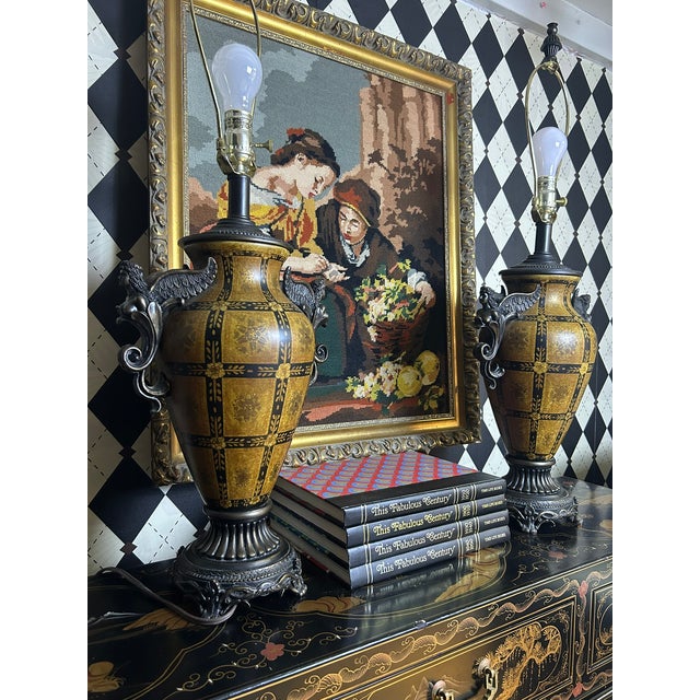 Metal Vintage Neoclassical-Style Figural Urn Table Lamps With Winged Figures - Pair For Sale - Image 7 of 18