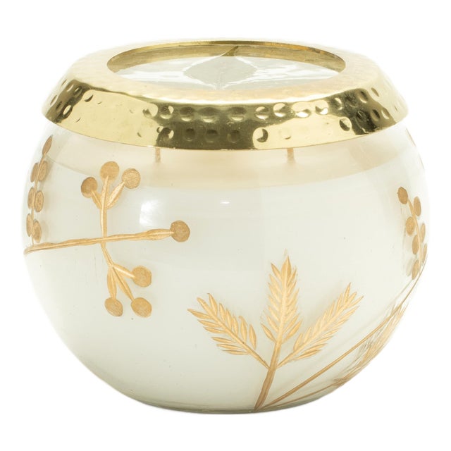Frosted Juniper Scented Soy Candle with Pressed Leaf Lid 5"D For Sale