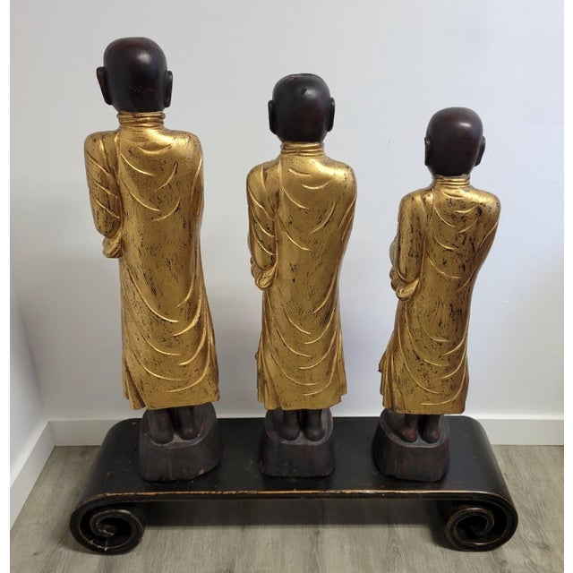 Set of Three Large Carved Gilt Thai Monks on Scroll Base, Late 20th Century For Sale - Image 4 of 14