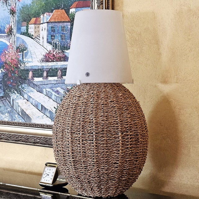 Vintage Ikea Woven Rattan Coastal Boho Table Lamp With White Frosted Glass Shade For Sale - Image 17 of 18