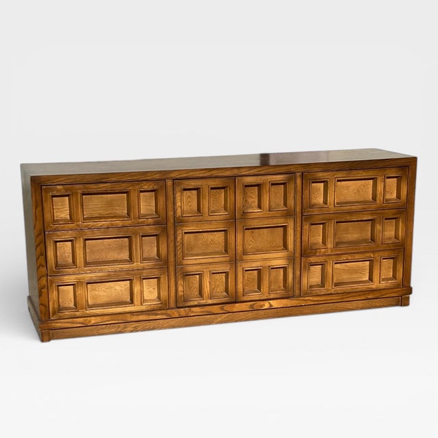 Vintage Brutalist Oak Geometric-Front Lowboy Dresser, Mid-Century For Sale - Image 16 of 18