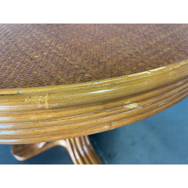 Faux Bamboo Rattan Pedestal Dining Table With Glass Top For Sale - Image 12 of 12