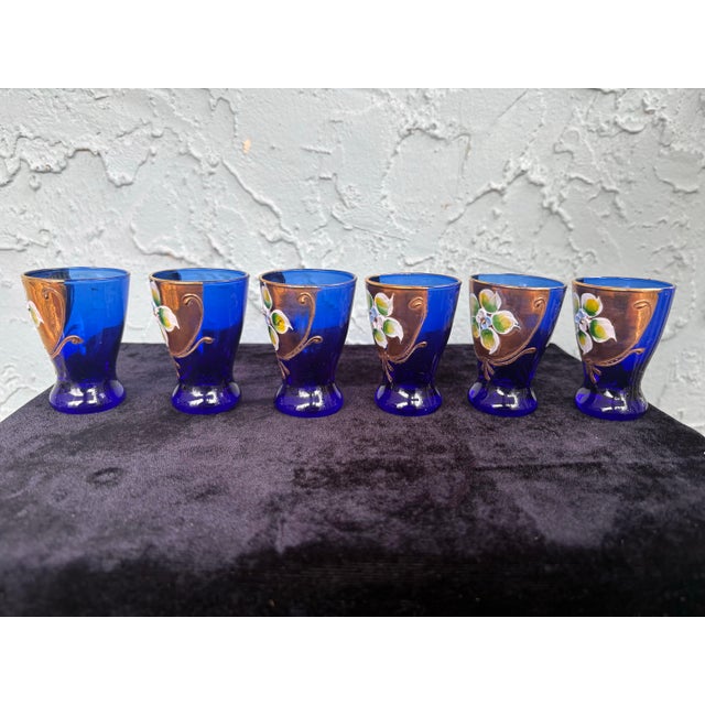 Mid 19th Century European Cobalt Blue & Gilt Enamel Glass Decanter Set With Six Cordial Glasses For Sale - Image 10 of 12