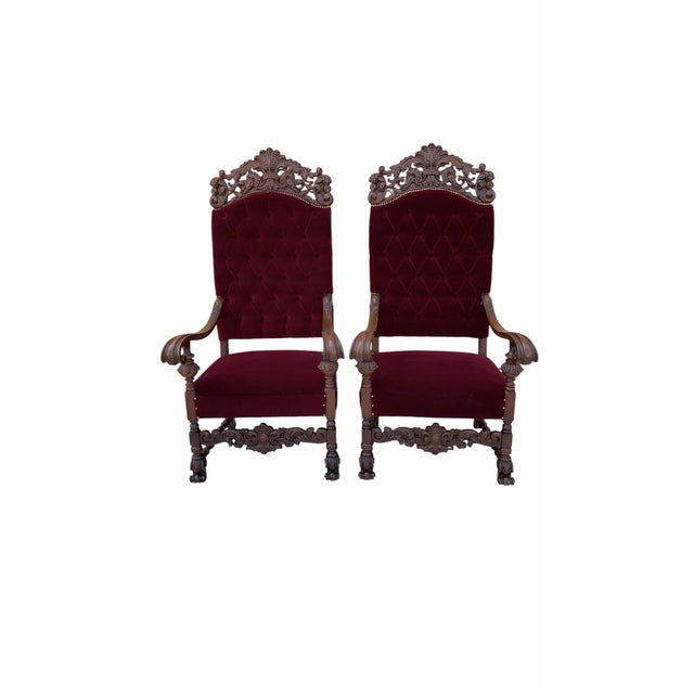 Early 20th Century Antique French Regency Style Ornate Caved Walnut Throne Chairs Newly Reupholstered in a Burgundy Mohair - Pair For Sale - Image 5 of 7