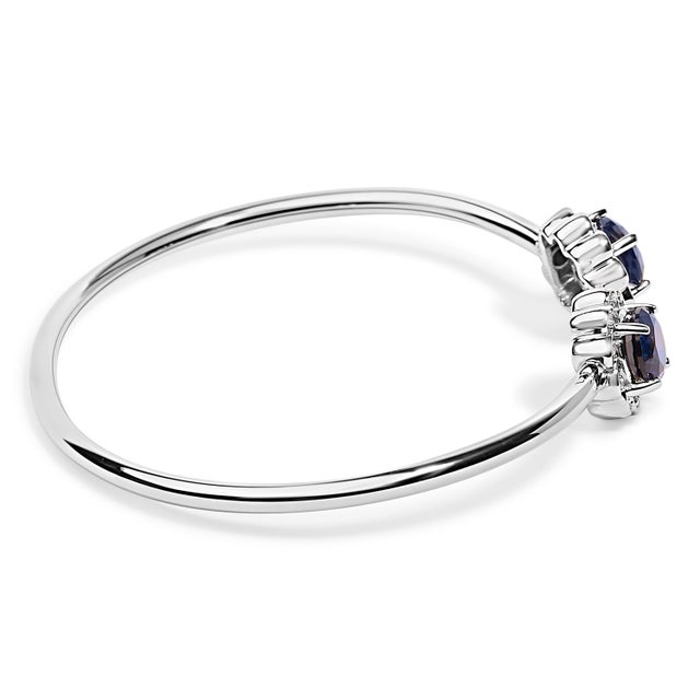 Contemporary Sterling Silver Diamond Accent Created Blue Sapphire Floral Design Bangle Bracelet For Sale - Image 3 of 4